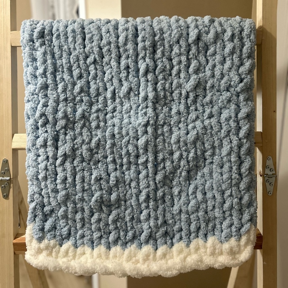 Hand-Knit Blue Baby Blanket with White Border
